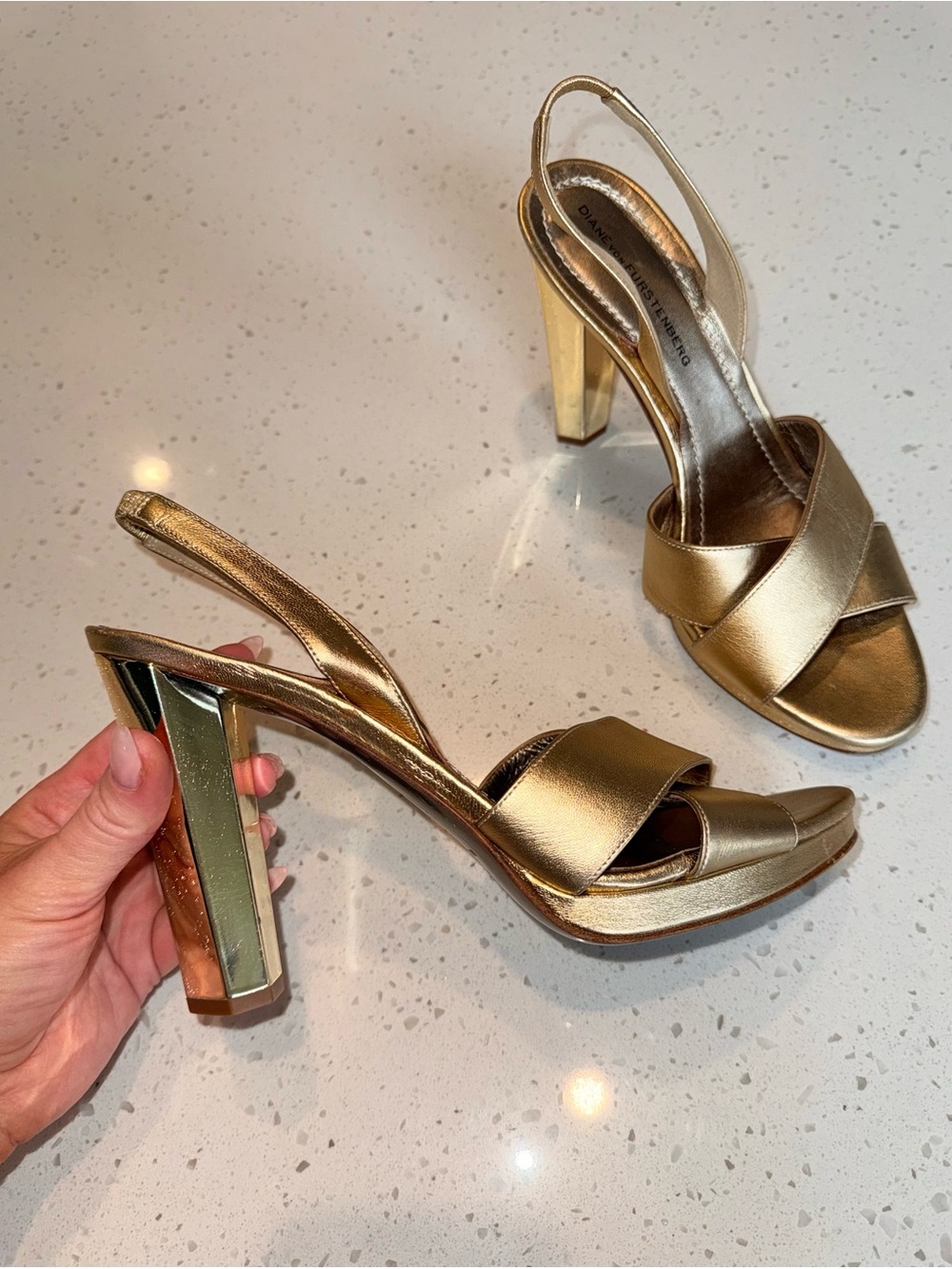 Diane Von Furstenberg Metallic Gold Crisscross Slingback Heels - Picture 11 of 11